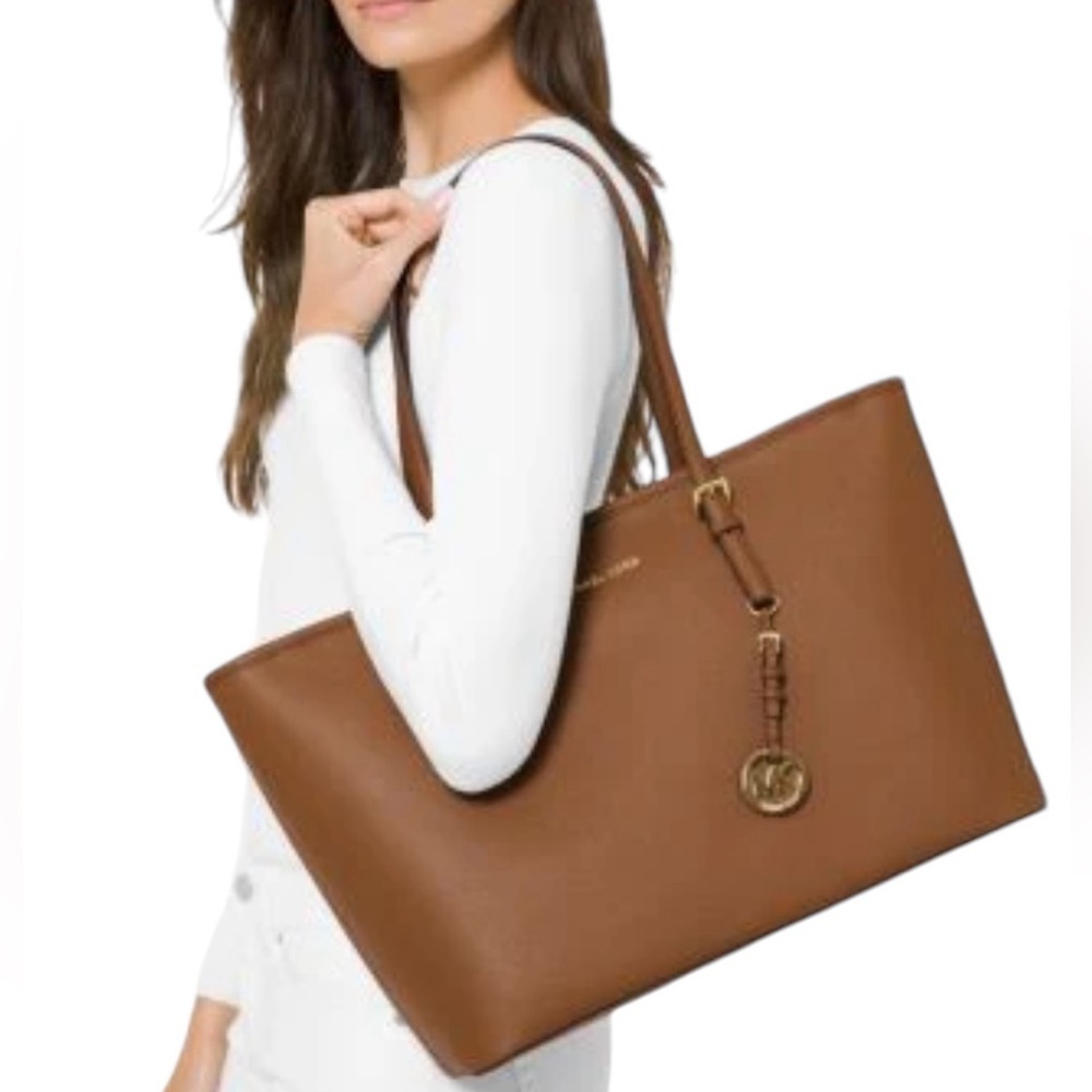 Michael Kors Tobacco Brown Saffiano Leather Tote Bag Jet Set Top Zip Close Gold